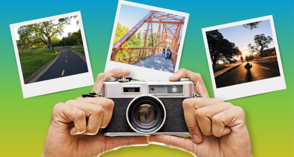 Photo graphic featuring a blue, green, and yellow gradient background. In the foreground, there are 3 polaroid photos of different trails.