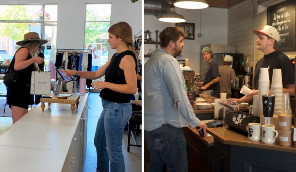 Two photos of shoppers checking out at local small businesses