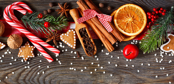 Photo of holiday treats and decorations on a table