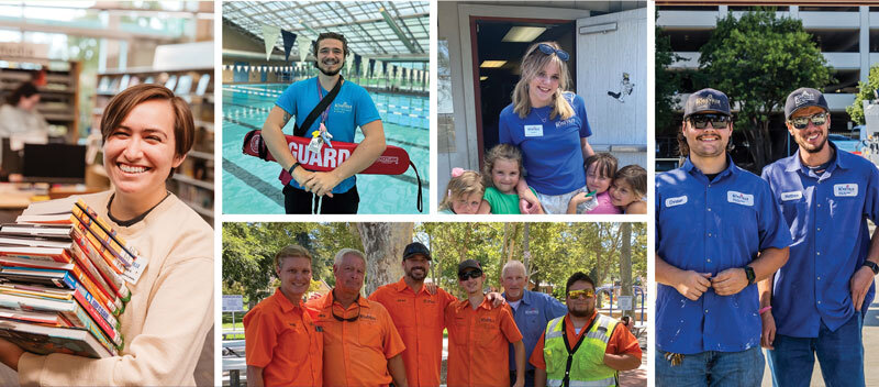 Photo collage featuring five photos of library, aquatics, childcare, and maintenance staff.