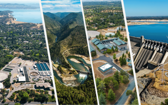 Photo collage featuring 4 aerial shots of Folsom Lake, and Roseville's water treatment plants
