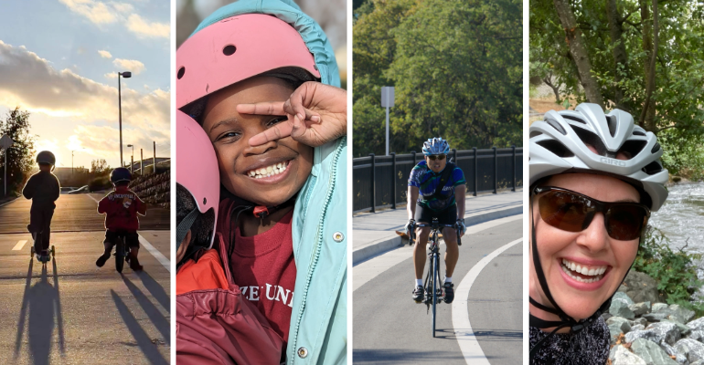 Photo collage of four photos featuring bicyclists ranging from toddlers, to children, to adults.