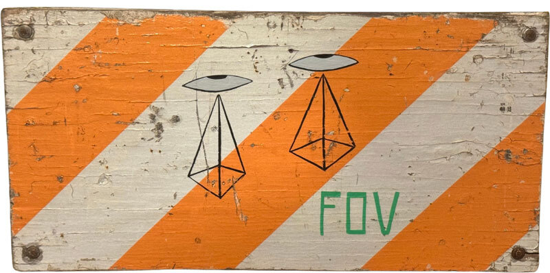 Striped, painted plywood square featuring two pyramids with saucers floating on the top. Letters in the bottom right spell "FOV"
