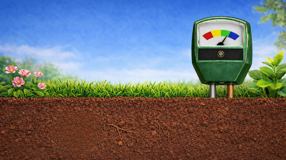 A moisture meter standing on some soil and grass