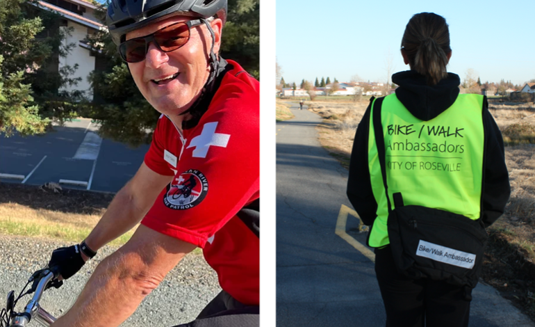 Collage of Bike ambassadors riding bikes or walking down a path