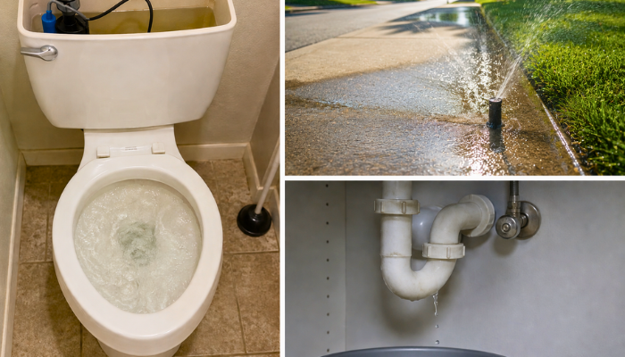 Collage of plumbing issues a toilet flushing, a lawn sprinkler spraying water, and a leaking pipe.
