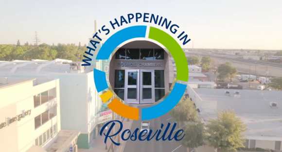 What's Happening in Roseville graphic displays in front of an aerial shot of Downtown Roseville