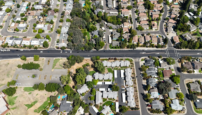 Aerial view of a suburban neighborhood