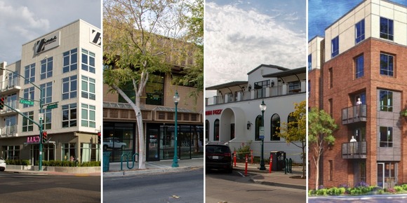 Collage of newly renovated buildings and a future residential building in Downtown Roseville