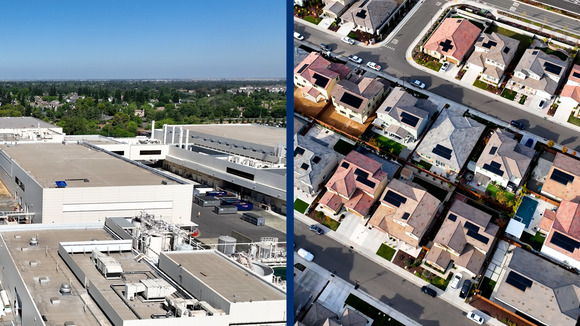 Collage featuring two aerial photos: one of a businesses area, and another of a residential neighborhood