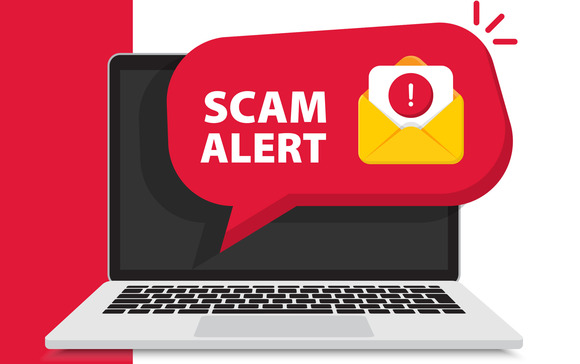 Graphic illustration of a laptop. In front, a red chat bubble reads, "Scam Alert" with an opened mail graphic.