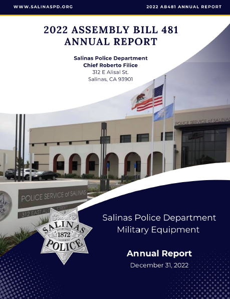 AB 481 annual report cover with photo of the front of the Police Service of Salinas building