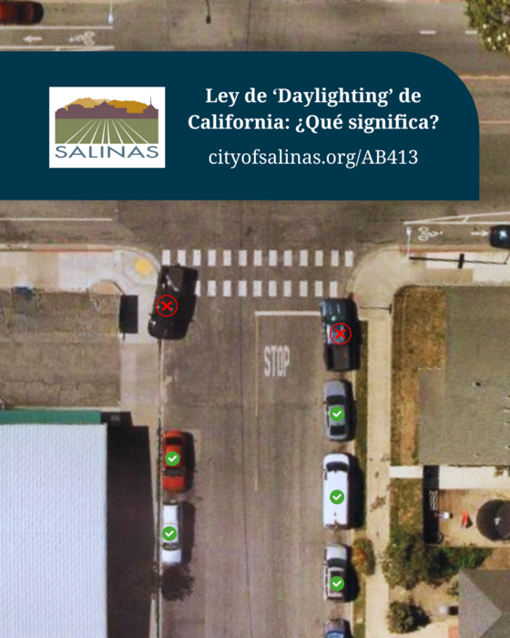 image of parking violations near intersection with crosswalk in Spanish