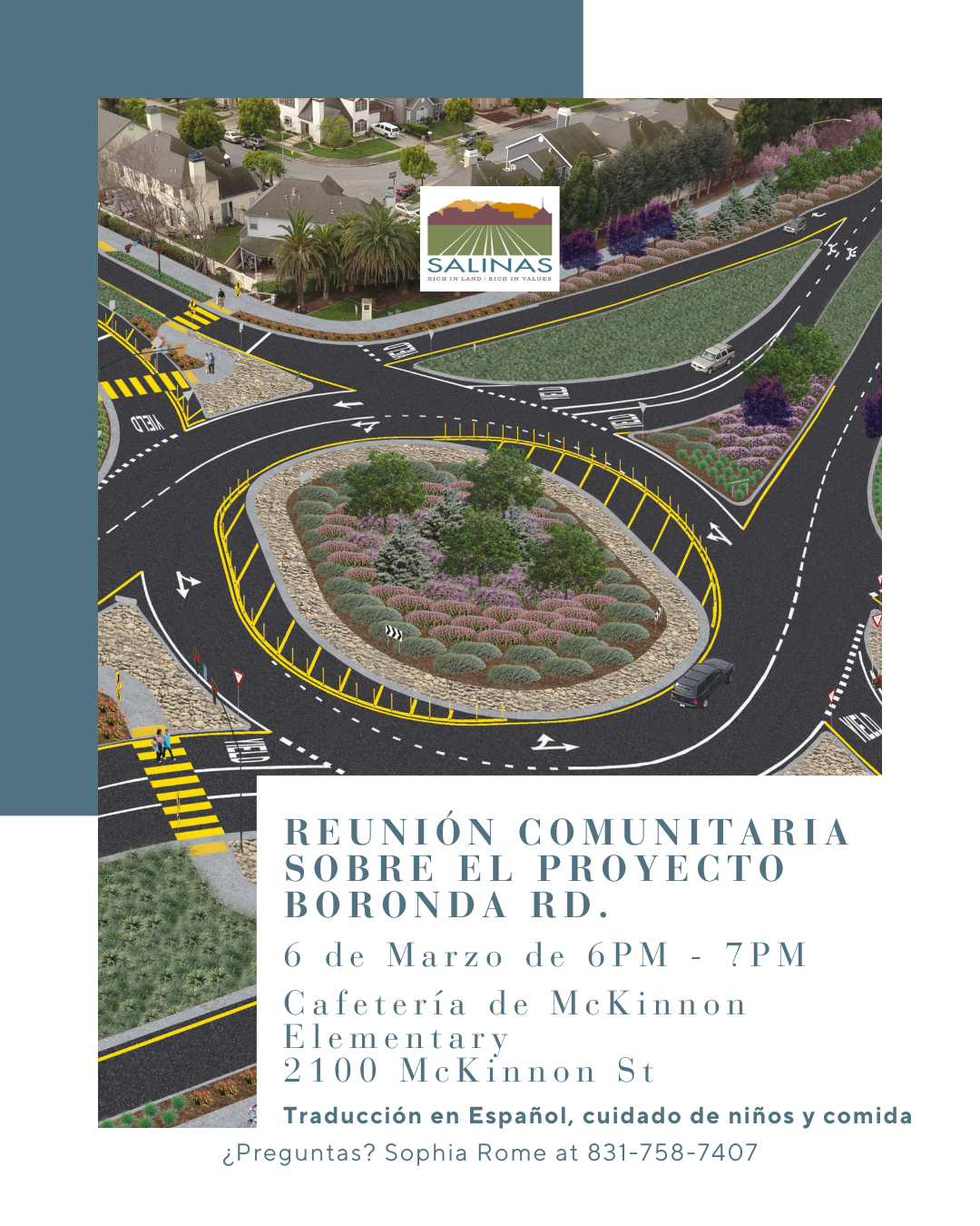 flyer with photo of roundabout that has meeting information, march 6th from 6pm-7pm at 2100 McKinnon St in Spanish