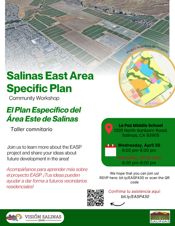 East Area Specific Plan Workshop on 4/30/2025 at La Paz Middle School from 6-8pm. Food provided. Learn about the new development in the east area!