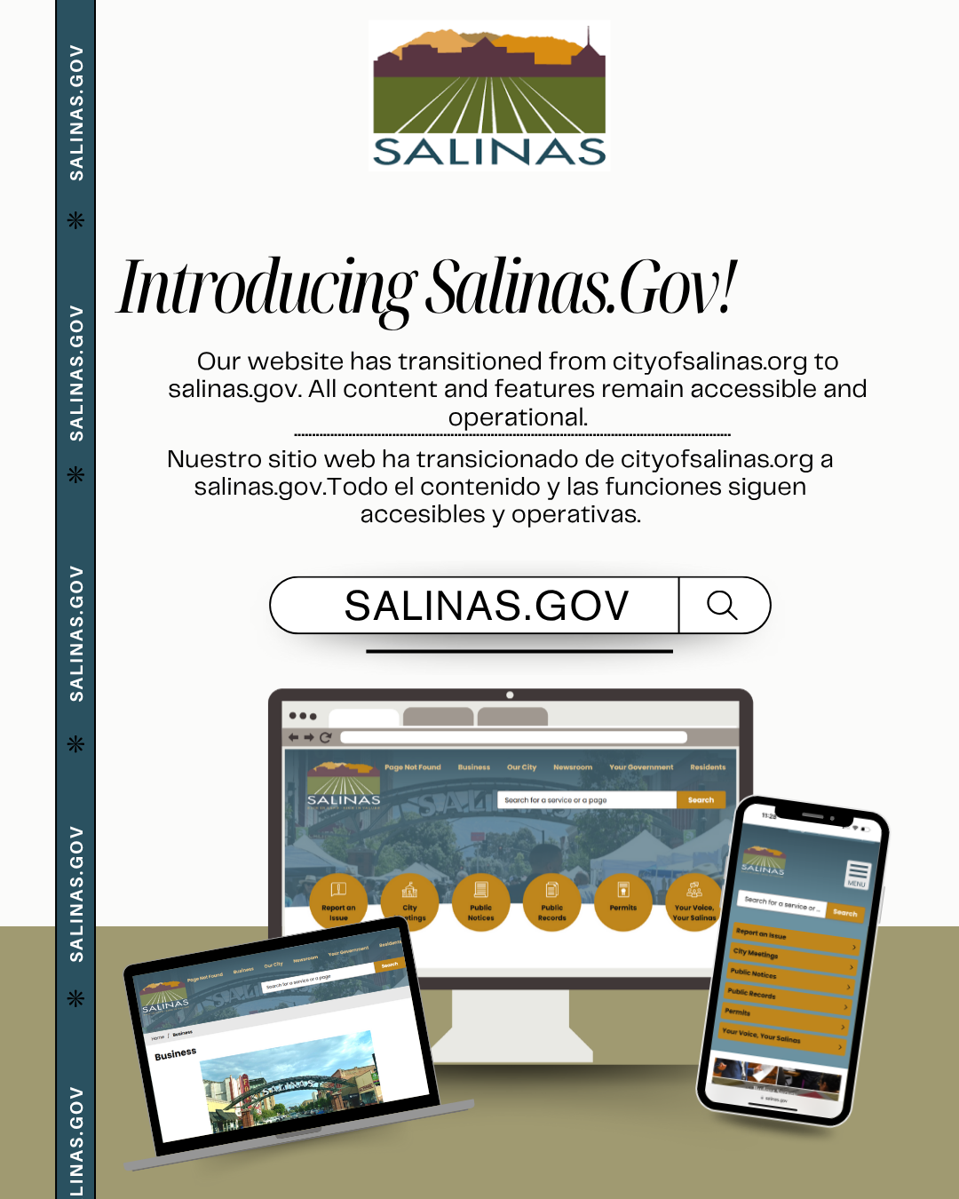 Our website has transitioned from cityofsalinas.org to salinas.gov. All content and features remain accessible and operational.