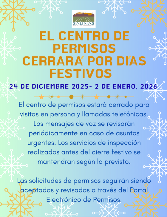 The City of Salinas Permit Center will be closed 