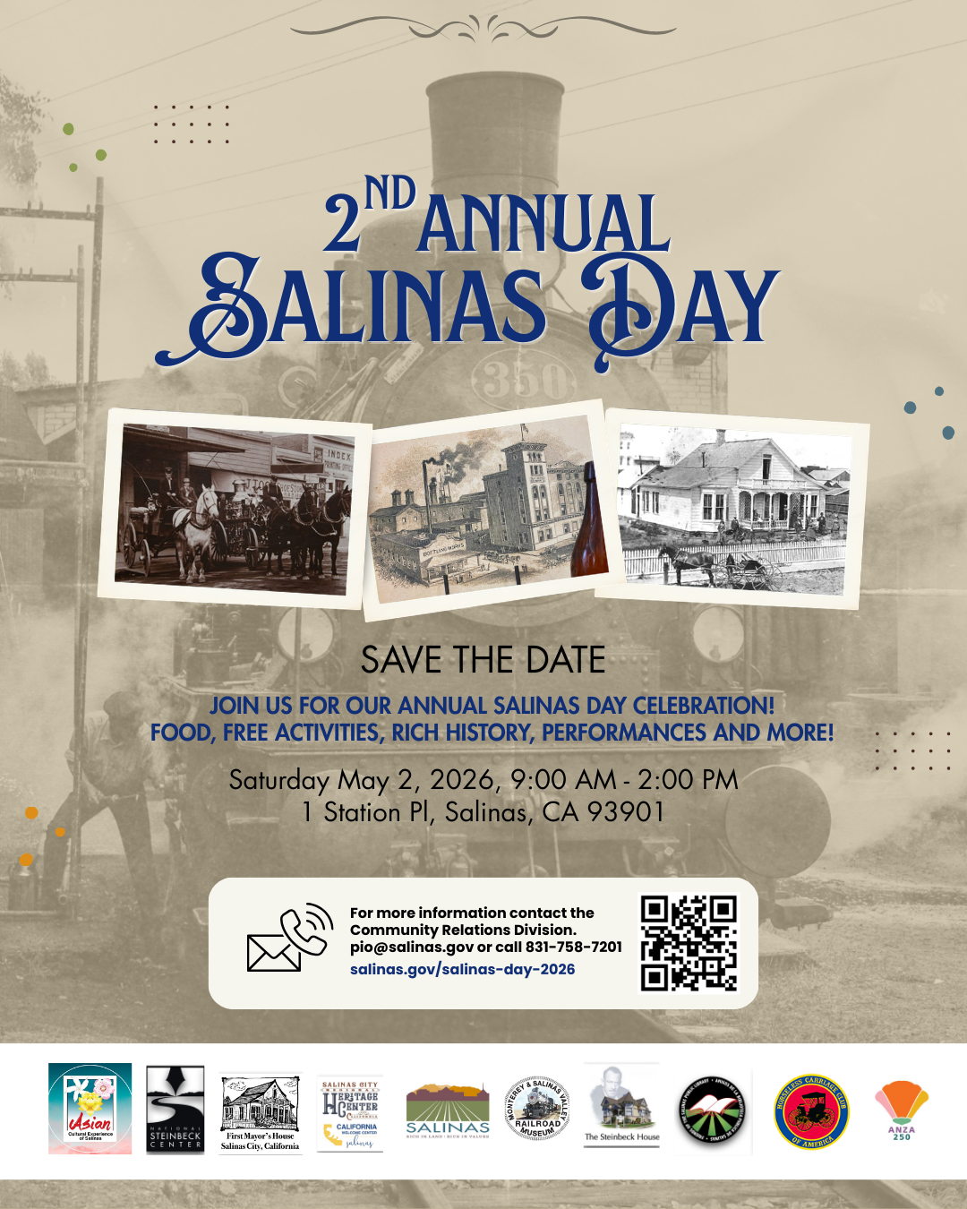 save the date flyer with historical images of trains and men on horses with text in english