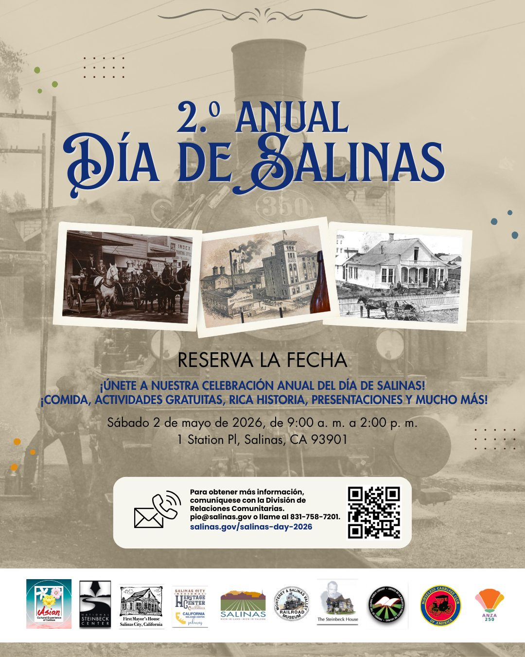 save the date flyer with historical images of trains and men on horses with text in spanish