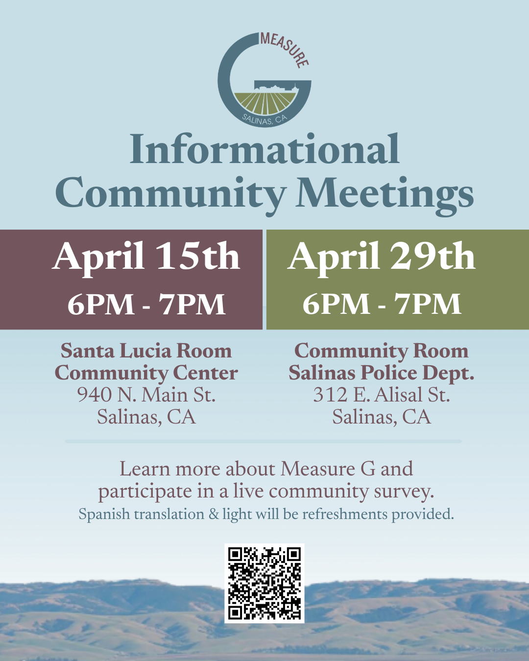 flyer in English with two meeting dates, time and locations with mountains in the background and blue skies 