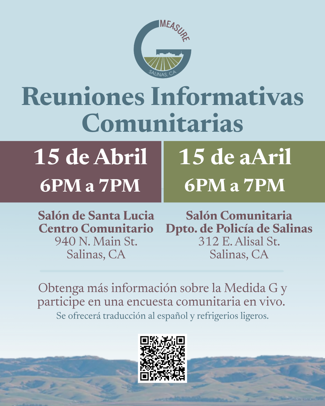 flyer in Spanish with two meeting dates, time and locations with mountains in the background and blue skies 