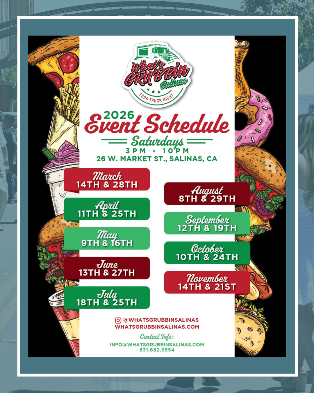 What's Grubbin' food truck event May 9th and 16, 3pm - 10pm. 26 W. Market st. Image of cartoon burgers, donuts, fries, hotdogs
