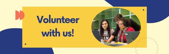 Banner with "Volunteer with us!" and a picture of three people working at laptops.
