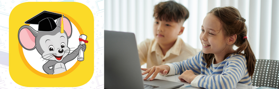 ABC Mouse logo with a cartoon mouse wearing a graduation cap and holding a diploma next to a photo of two children looking at a laptop and smiling