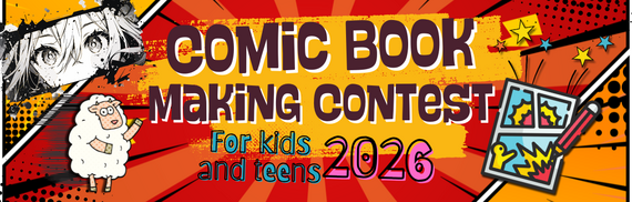 "Comic Book Making Contest banner featuring colorful graphics and a cartoon sheep."