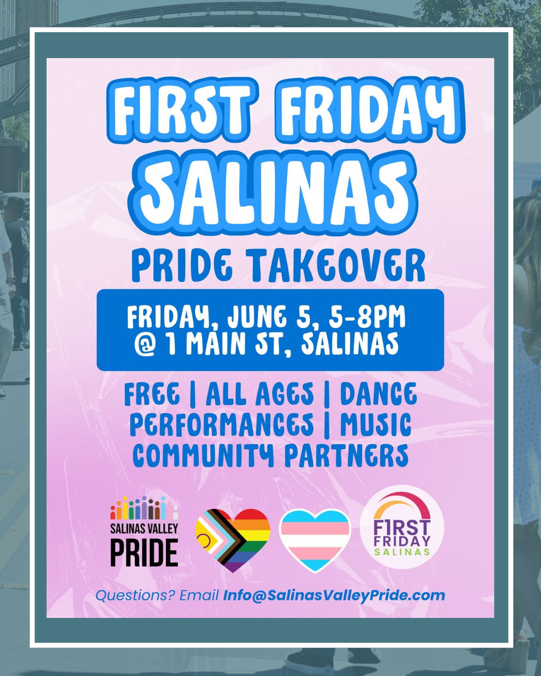 First Friday pride takeover flyer featuring first Friday, June 5, 5-8 pm.