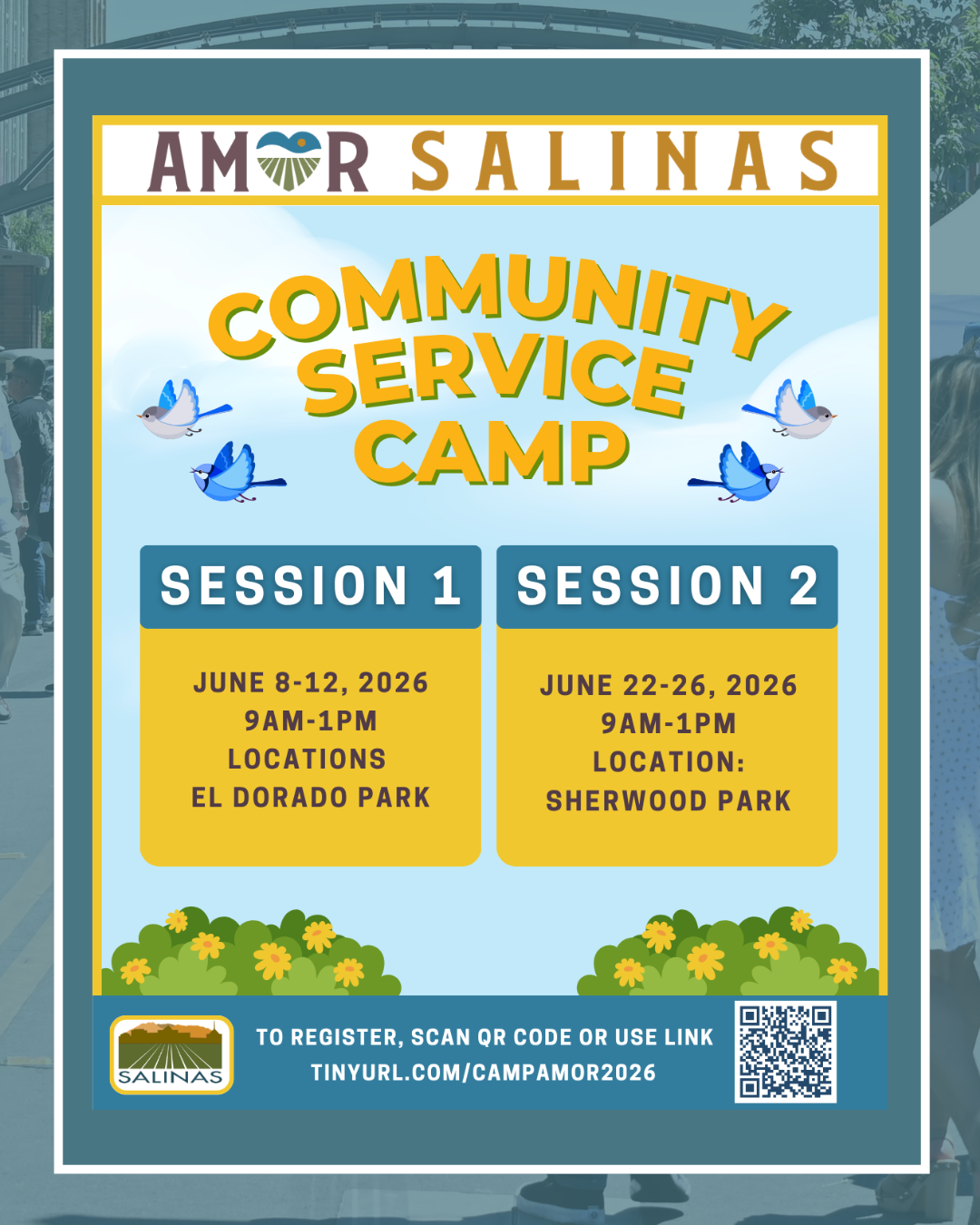 Community Service camp flyer multiple dates and times and registration link 