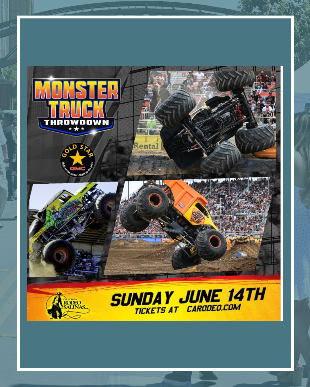 Monster Truck Throwdown Flyer. Sunday, June 14, tickets at carodeo.com