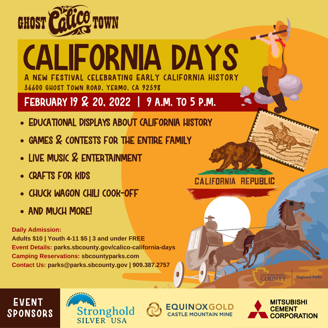 Graphic with 1800s mining illustration, Pony Express, wagon and California State flag. Logo sponsors at the bottom.