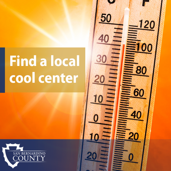 Thermometer with the temperature over 100 degrees and a sun and rays that says Find a Local Cool Center.