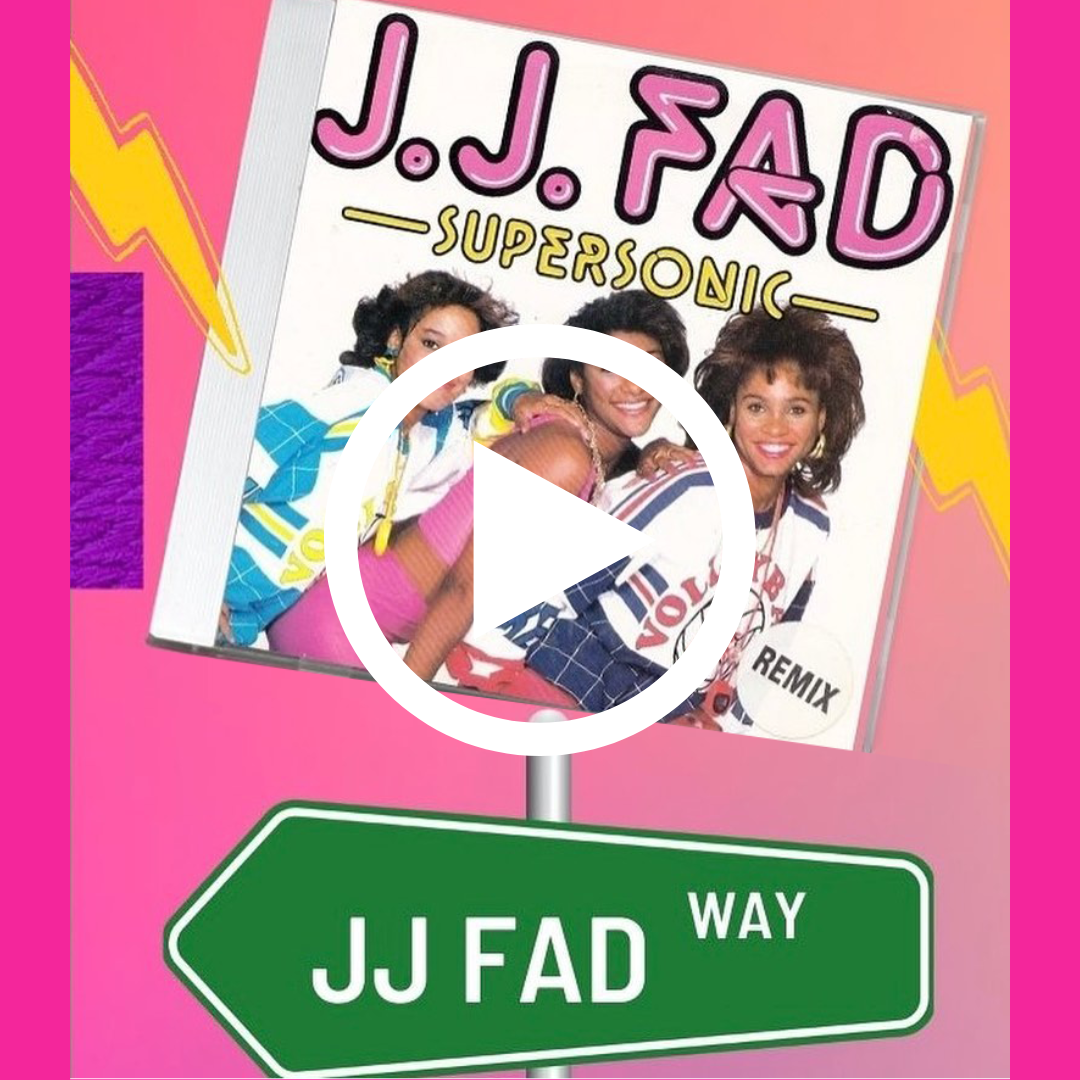 A album cover with the singing group JJ Fad from the 1988 Supersonic song and a street sign below it with JJ Fad Way.