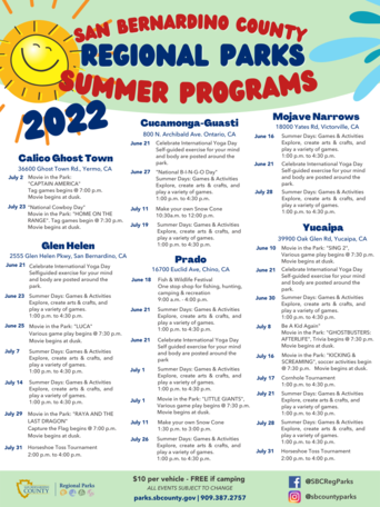 A list of summer activities by County Regional Park locations with an image of a smiling sun and water splash.