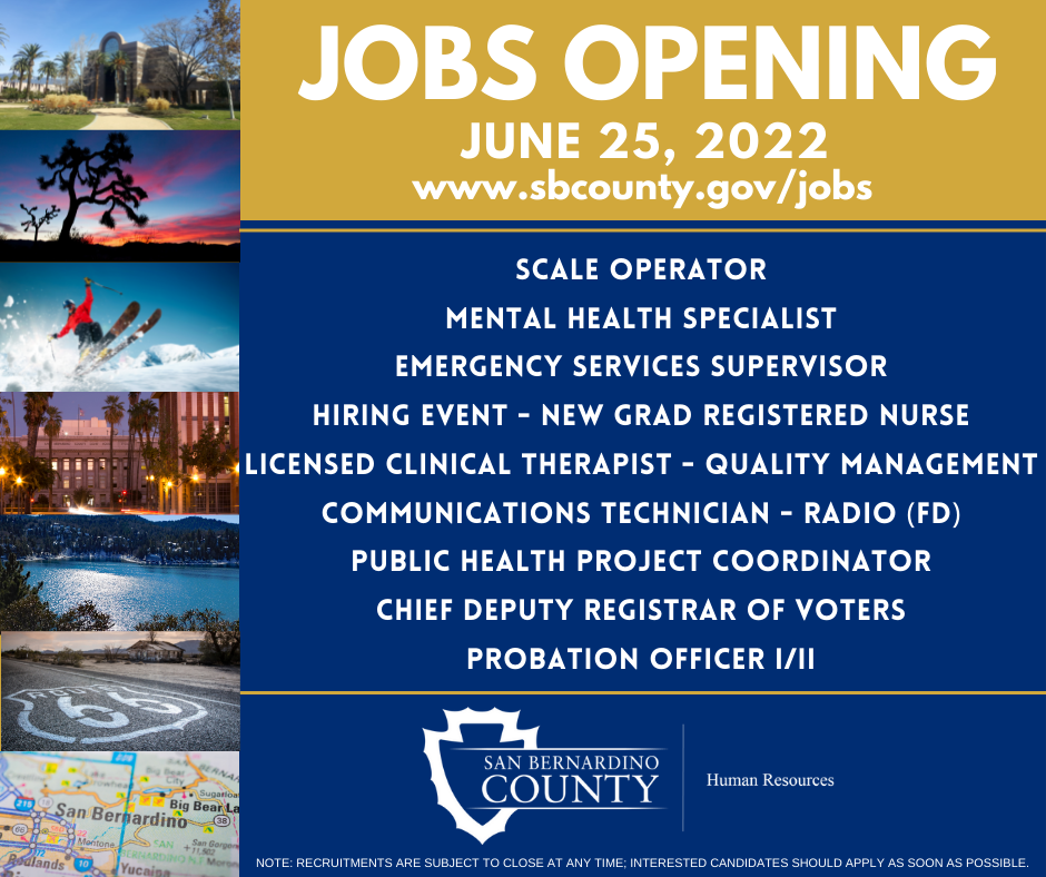 A graphic with San Bernardino County job listings.
