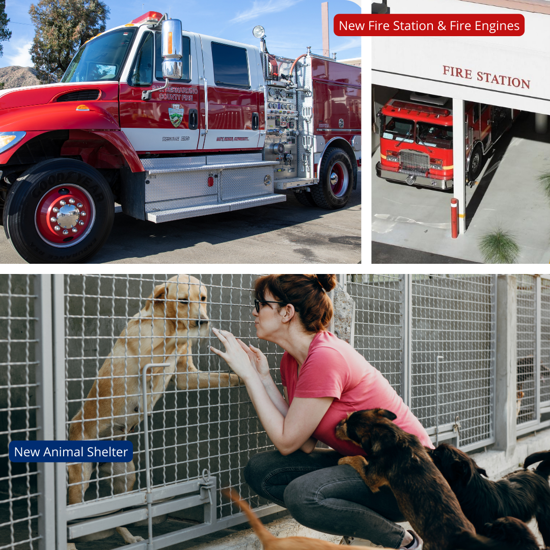 A photo of a county fire truck and fire station and bottom is an animal shelter.