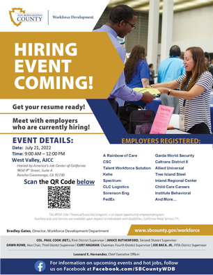 A flier of job event date and location with employers who are registered.