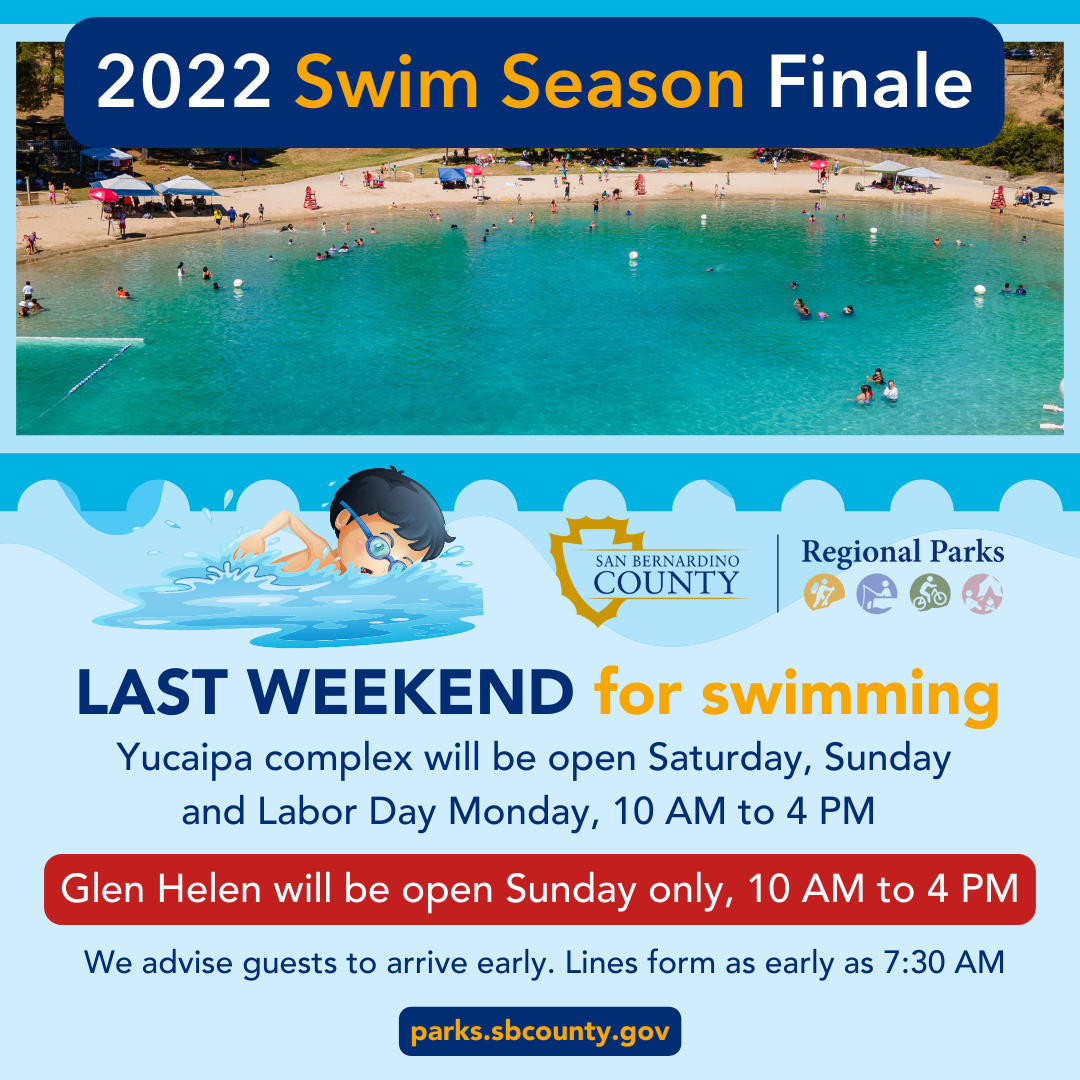 A graphic of Yucaipa swimming and pool hours for last weekend of operation for the 2022 swim season.