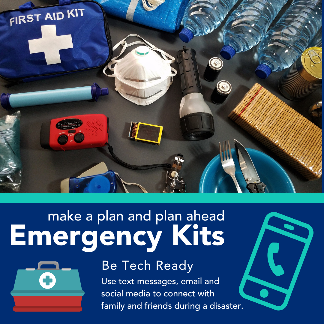 A graphic of items to include in an emergency kit.