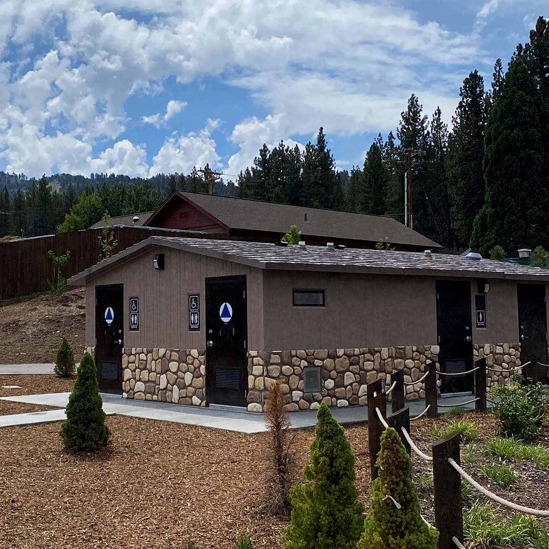 A new restroom facility is pictured among new landscaping at the Big Bear Alpine Zoo.