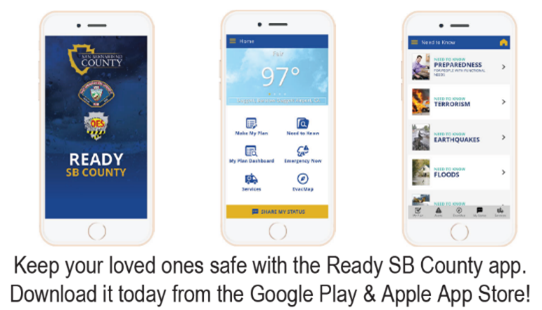 Three images of a smartphone with the Ready SB County App homescreen.