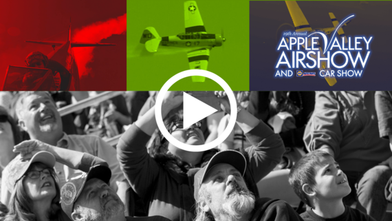 A graphic showing people in a crowd looking up and planes flying overhead on the top with the Apple Valley Airshow logo.