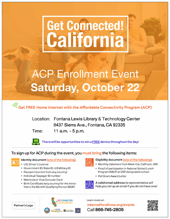 A flier with information about applying for low-cost internet through federal program and date of event at Lewis Library in Fontana.