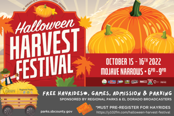 A graphics with pumpkins, hayride cart and scarecrow with information about the free Halloween Harvest Festival at Mojave Narrows Regional Park.