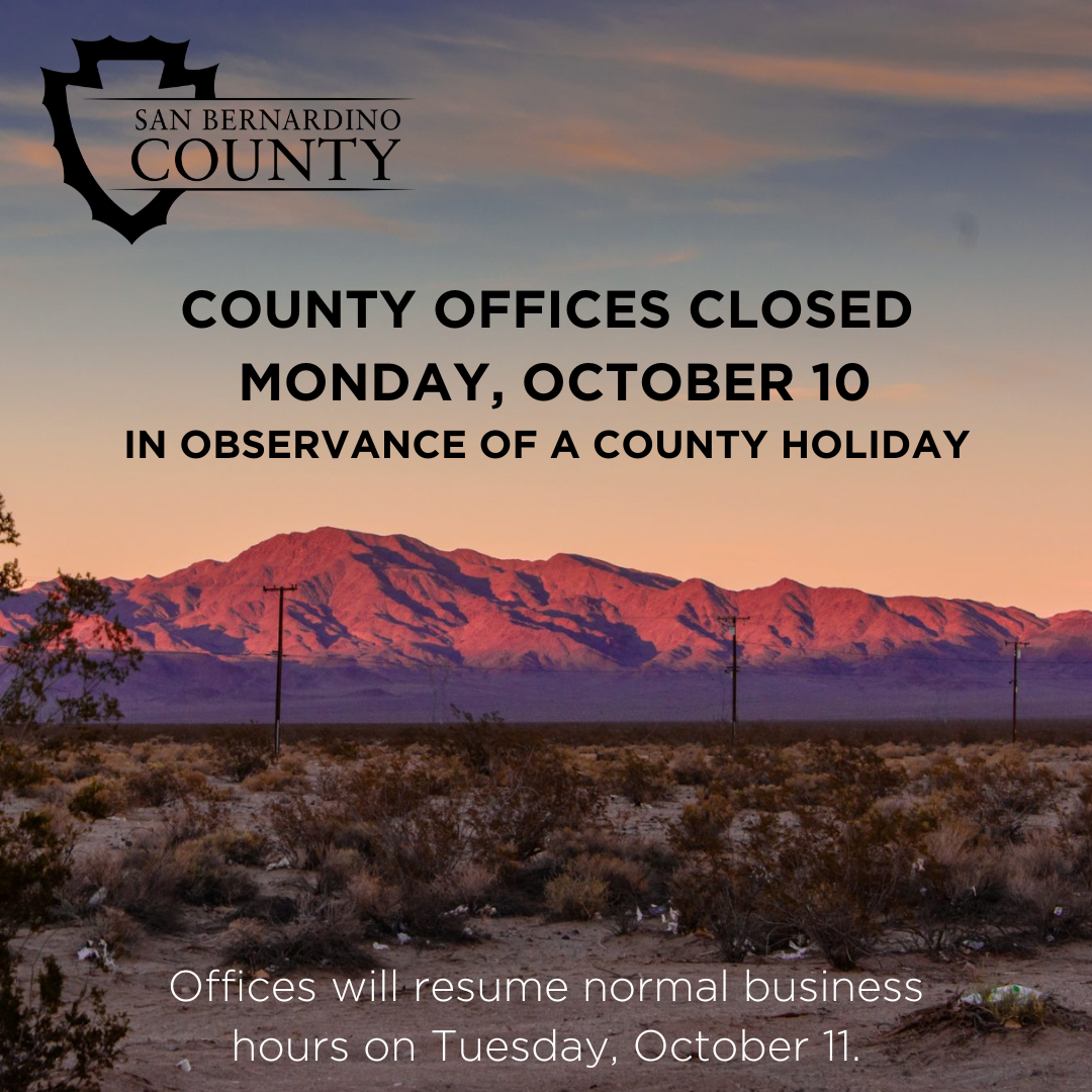 A graphic with desert background stating county offices will be closed on Monday, oct. 10 due to a holiday.