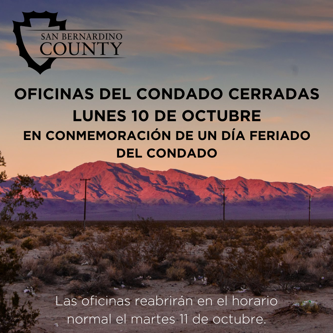 Un gráfico del fondo del desierto con palabras que indican que las oficinas del condado estarán cerradas el lunes 10 de octubre.