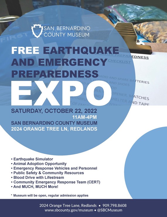 A flier with Earthquake and Emergency Expo information for Oct. 22 at the Redlands Museum location.