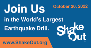 A graphic that says Join Us for the Great ShakeOut earthquake readiness on Oct. 20, 2022.